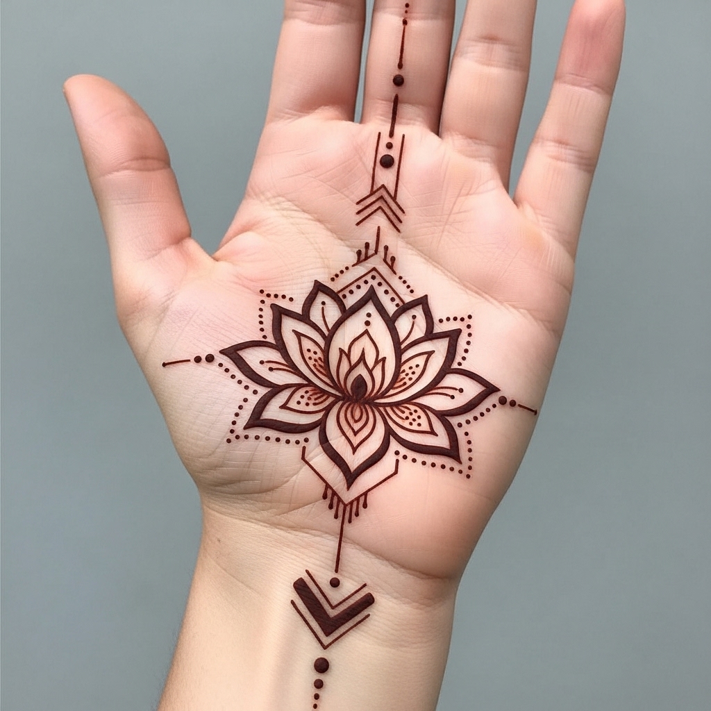 A perfectly symmetrical Henna design centered on the palm, featuring a large, stylized lotus flower surrounded by fine concentric details and dots.